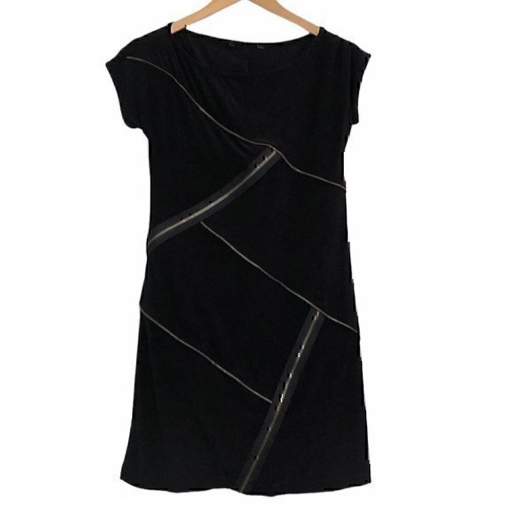 Solid Black Asymmetrical Zip Zipper Polyester Cap Sleeve Tunic or Mini Dress ? - Picture 1 of 3